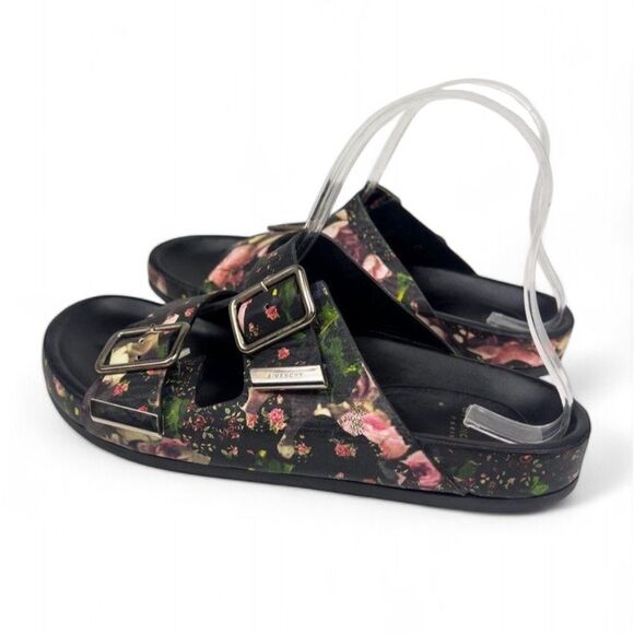 Authentic GIVENCHY Black Floral Print Leather Dual Strap Slides Size EU38 - Picture 5 of 12